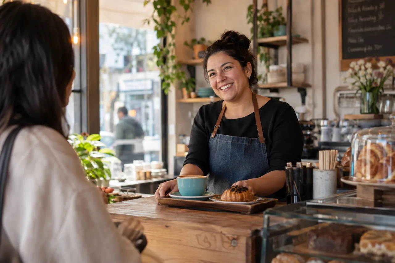 Dueña de una cafetería atendiendo a una clienta