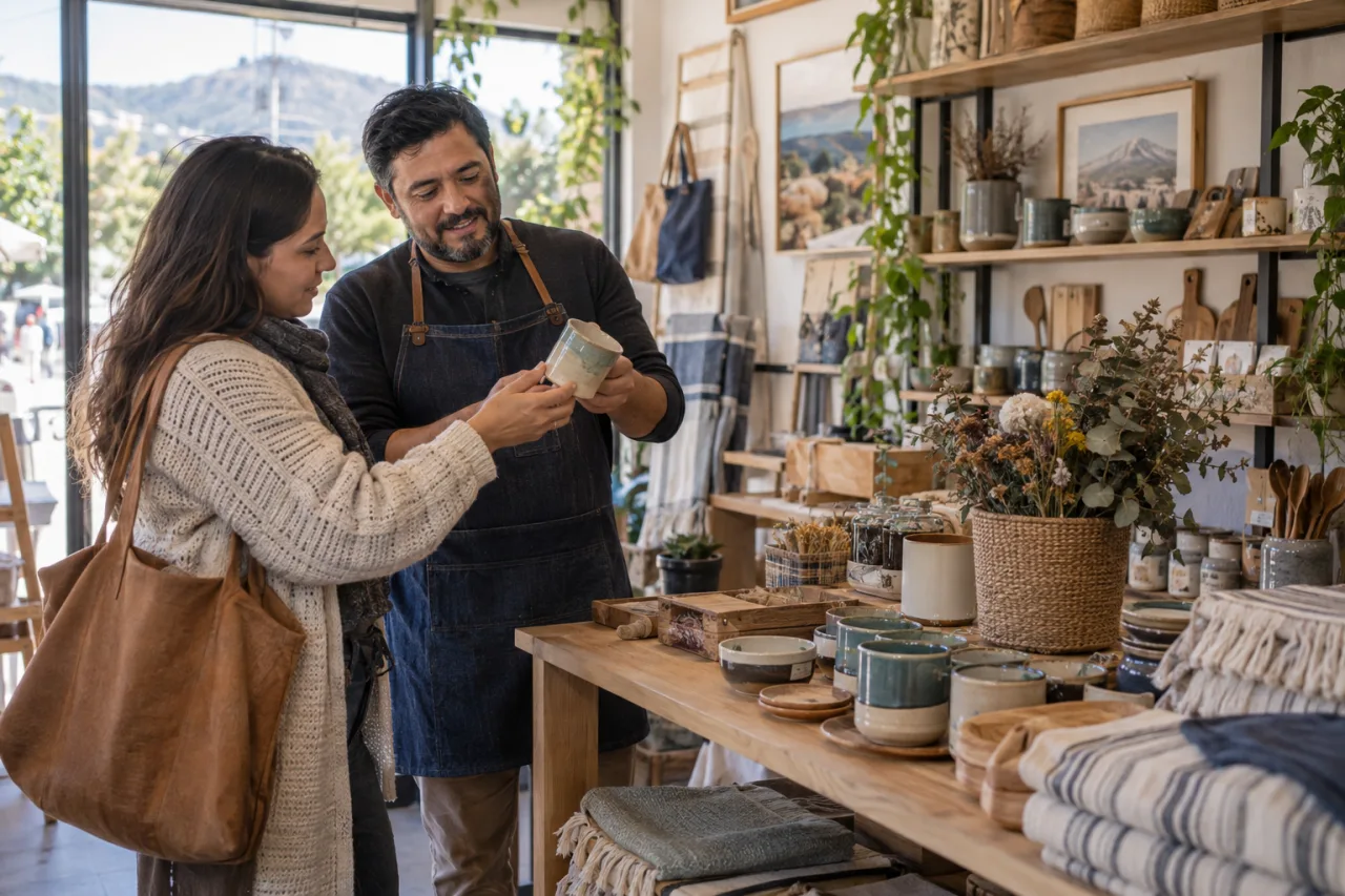 Dueño de tienda asesorando a un cliente